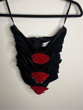 Ronny Kobo Collection Black Velvet Red Rosette Details strapless top rose medium